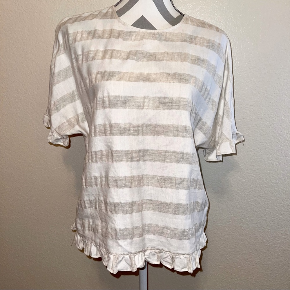 Who What Wear Beige Cream Linen Stripe Ruffle Keyhole Top Small